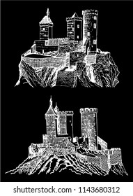 Graphical Castle of Foix isolated on black background   ,France,medieval sketch of castle