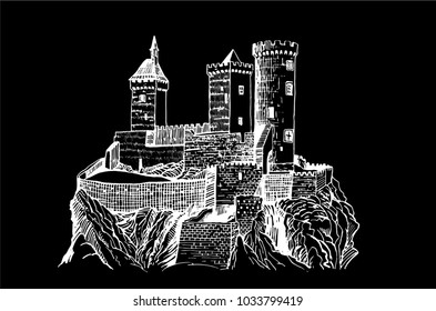 Graphical Castle of Foix on black background ,France
