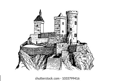 Graphical Castle of Foix on white background   ,France,medieval sketch of castle