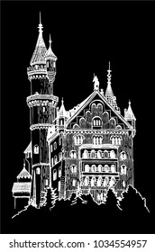 Graphical castle isolated on black background, germany medieval castle.