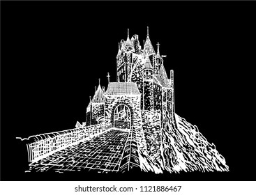 graphical castle isolated on black background, germany medieval castle