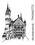  Graphical castle isolated on white background, germany medieval castle.Neuschwanstein Castle