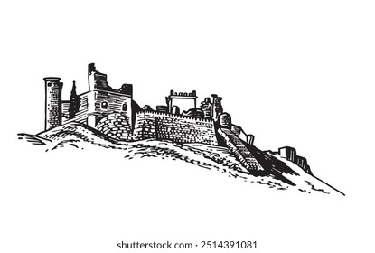 Castillo gráfico en España aislado sobre fondo blanco, Ilustración vectorial