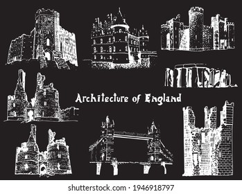Graphical castles of England on black background, vector architecture