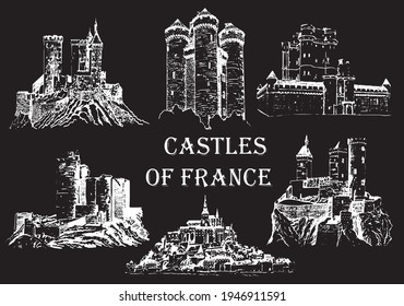 Graphical castles of france on black  background, vector architecture