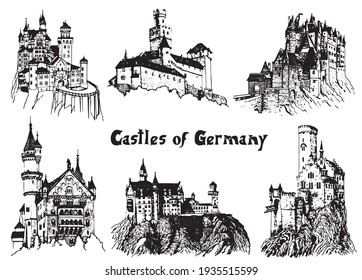 Graphical castles of Germany on white background, vector architecture