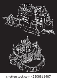 Graphical  castles of Germany, graphical sketch of  Wernigerode and Eltz Castle  on black background,vector element of architecture