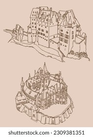 Graphical  castles of Germany, graphical sketch of  Wernigerode and Eltz Castle  on sepia background,vector element of architecture