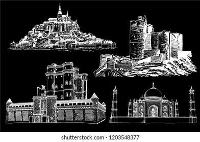 Graphical castles isolated on black background,sightseeing,vector medieval famous building