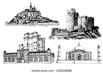 Graphical castles isolated on white background,sightseeing,vector medieval famous building