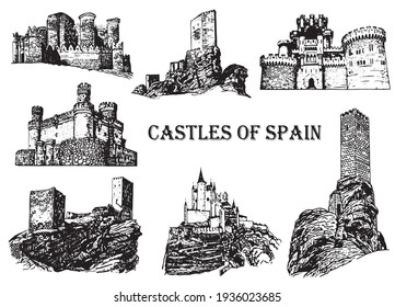 Graphical castles of Spain on white background, vector architecture