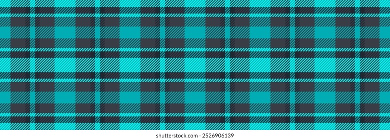 Tecido de vetor de verificação gráfica, padrão de fundo de livro jogado. Tartan de textura têxtil totalmente sem emenda na paleta de cores escuras e ciano.