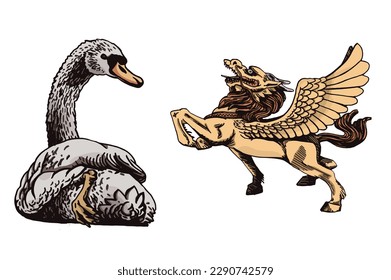 Graphical Chinese dragon with wings and horse body and swan isolated on white background,vector color illustration ,tattoo and printing design