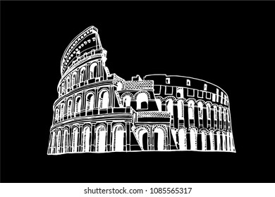 Graphical coliseum isolated on black background,vector hand-painted illustration