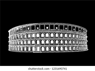 Graphical coliseum isolated on black background, vector sightseeing,Italy