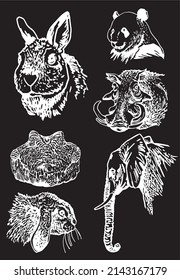 Graphical collection of African animals isolated on black background,vector zoo animals