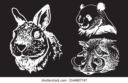 Graphical collection of African animals isolated on black background,vector zoo animals