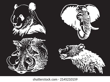 Graphical collection of African animals isolated on white background,vector zoo animals