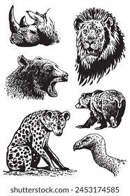 Graphical collection of African animals on white background, vector illustration