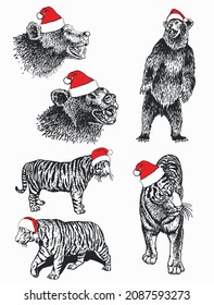  Graphical collection of animals in Santa Claus hats,vector illustration