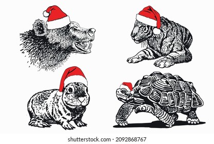 Graphical collection of animals in Santa Claus hats isolated on white background,vector illustration