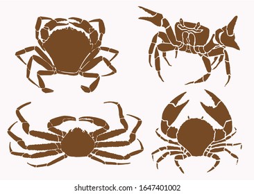 Graphical collection of crabs , sepia background, vector vintage illustration