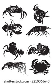 Graphical collection of crabs,shrimps and lobsters isolated on white background,vector illustration, sea-food