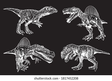 Graphical collection of dinosaurs isolated on black background, vector ilustration
