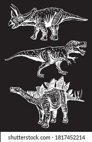 Graphical collection of dinosaurs isolated on black background, vector ilustration