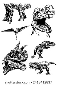 Graphical collection of dinosaurs on white background,vector illustration for tattoo, design and printing	