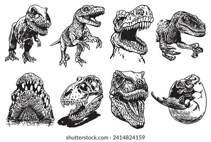 Graphical collection of dinosaurs on white background,vector illustration for tattoo, design and printing	