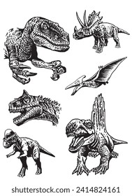 Graphical collection of dinosaurs on white background,vector illustration for tattoo, design and printing	