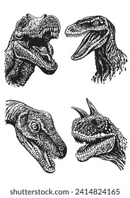 Graphical collection of dinosaurs on white background,vector illustration for tattoo, design and printing	