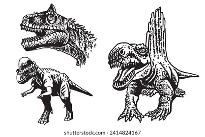 Graphical collection of dinosaurs on white background,vector illustration for tattoo, design and printing	