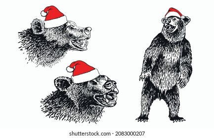 Graphical collection of grizzly bears in Santa Claus hat, Christmas vector elements