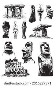 Graphical  collection of moai statues and dolmens isolated on white background, vector elements. Archeological artifacts 