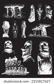 Graphical  collection of moai statues and dolmens on black  background, vector elements. Archeological artifacts 