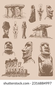 Graphical  collection of moai statues and dolmens  on sepia background, vector  vintage elements. Archeological artifacts 