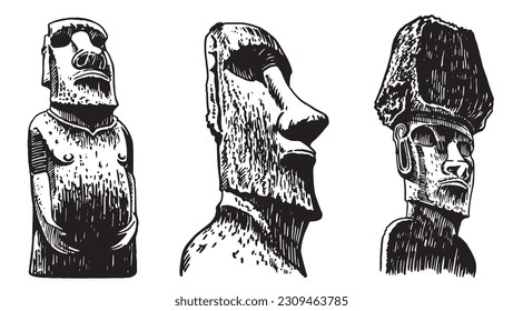 Grafische Sammlung von Moai-Statuen einzeln auf weißem Hintergrund, Vektorgrafiken. Archäologische Artefakte 