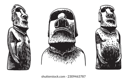 Graphical  collection of moai statues isolated on white background, vector elements. Archeological artifacts 