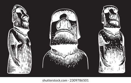 Graphical  collection of moai statues isolated on black background, vector engraved  elements. Archeological artifacts 