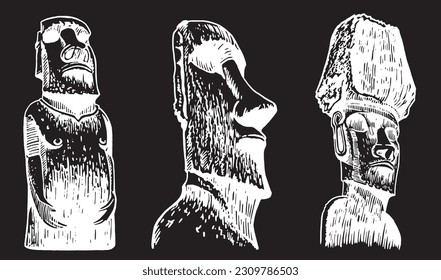 Graphical  collection of moai statues isolated on black background, vector engraved  elements. Archeological artifacts 