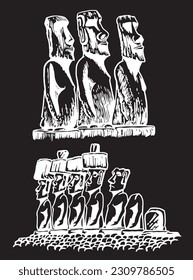 Graphical  collection of moai statues isolated on black background, vector engraved  elements. Archeological artifacts 