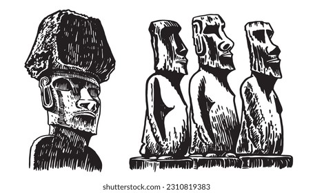 Graphical  collection of moai statues isolated on white background, vector elements. Archeological artifacts 