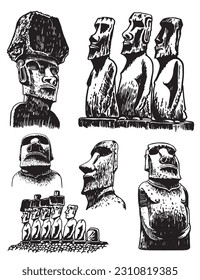 Graphical  collection of moai statues isolated on white background, vector elements. Archeological artifacts 