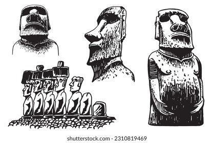 Graphical  collection of moai statues isolated on white background, vector elements. Archeological artifacts 