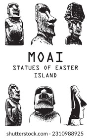 Graphical  collection of moai statues isolated on white background, vector elements. Archeological artifacts . Stylish cover with text in the middle