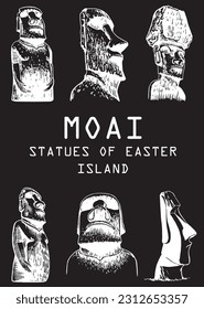 Graphical  collection of moai statues isolated on black background, vector elements. Archeological artifacts . Stylish cover with text in the middle