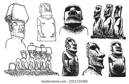 Graphical  collection of moai statues isolated on white background, vector elements. Archeological artifacts 