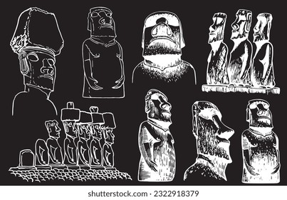 Graphical  collection of moai statues isolated on black background, vector elements. Archeological artifacts 